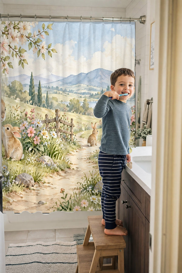 Child brushing teeth in a family bathroom with the Peaceful Garden Bunny shower curtain
