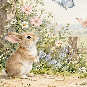 Butterfly Gate Bunny shower curtain, close up of the watercolor artwork