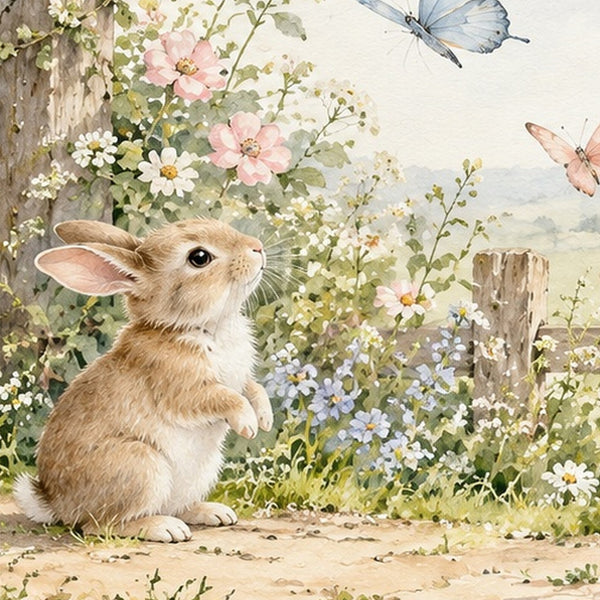 Butterfly Gate Bunny shower curtain, close up of the watercolor artwork