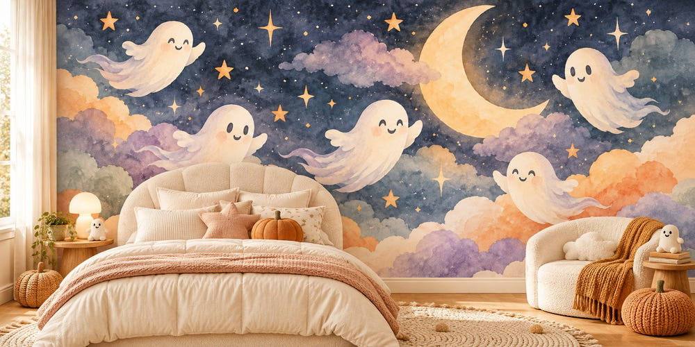 Watercolor Friendly Ghosts Halloween Wall Mural, image 1