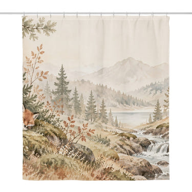 Sleeping Fox shower curtain, full front view of the 71 x 74 in fabric curtain