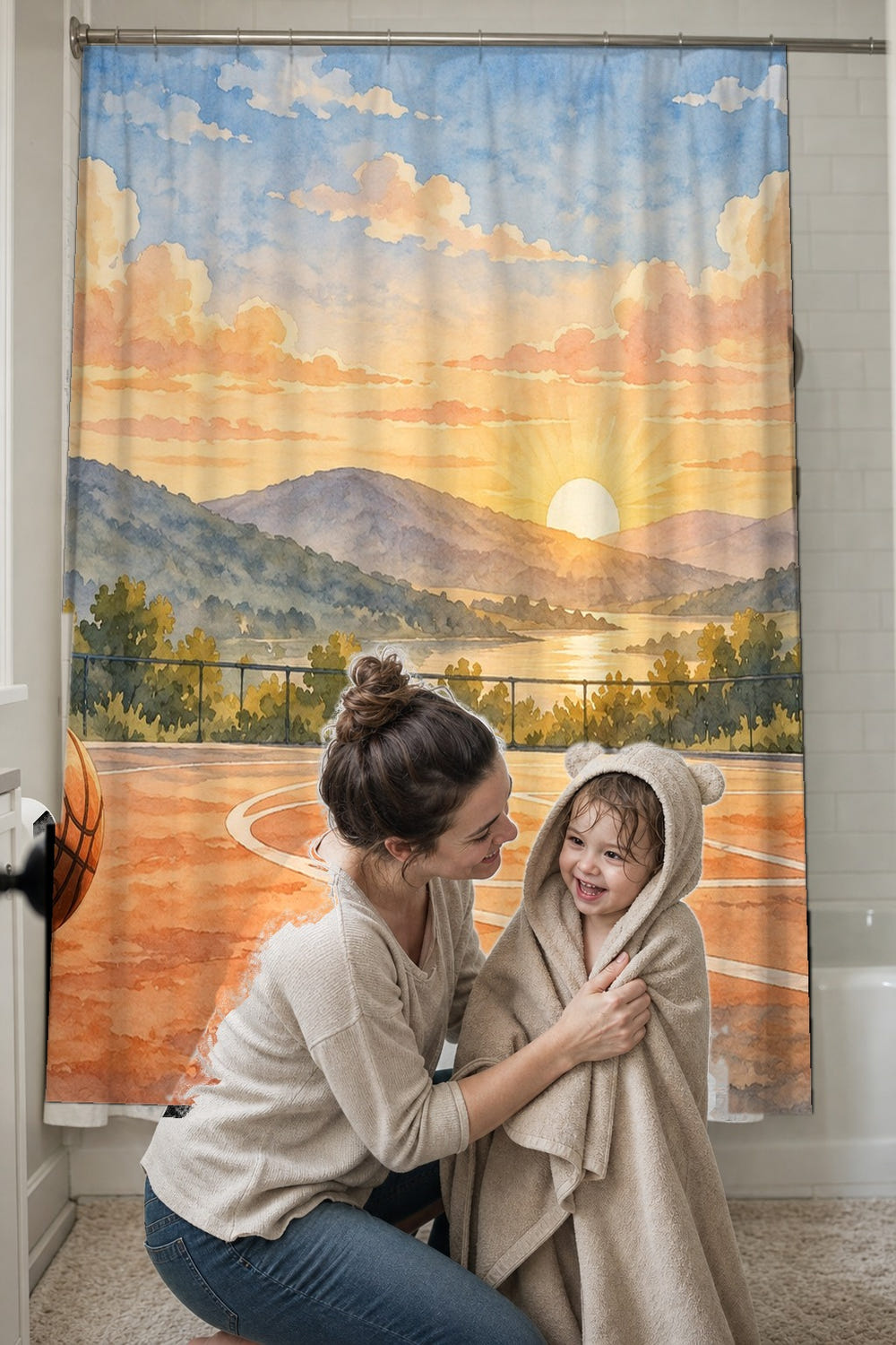 Sunrise Court Basketball shower curtain, full front view of the 71 x 74 in fabric curtain