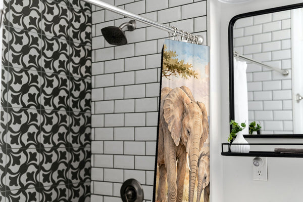 Elephant Family Safari shower curtain in a modern farmhouse bathroom with subway tile