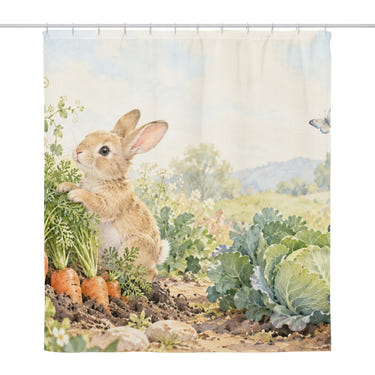 Vegetable Garden Bunny shower curtain, full front view of the 71 x 74 in fabric curtain