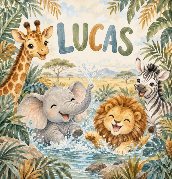 Safari Splash watercolor artwork with the name Lucas