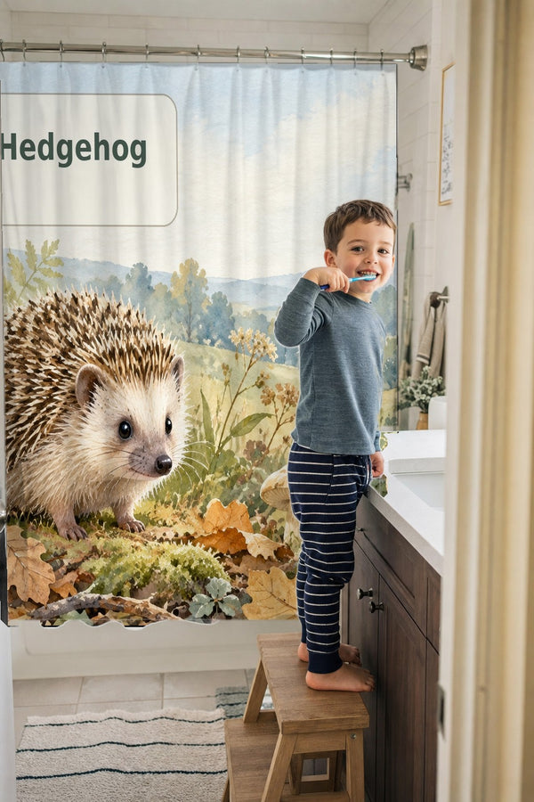 Child brushing teeth in a family bathroom with the H is for Hedgehog Alphabet shower curtain