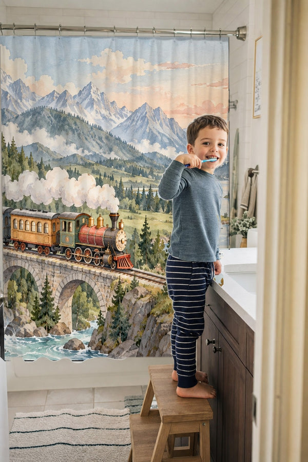 Child brushing teeth in a family bathroom with the Panoramic Train Journey shower curtain
