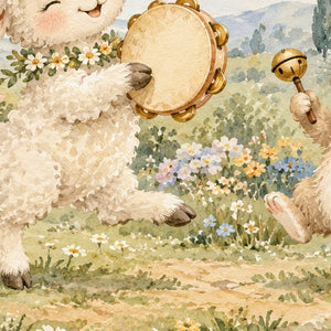 Lamb and Bunny Music shower curtain, close up of the watercolor artwork