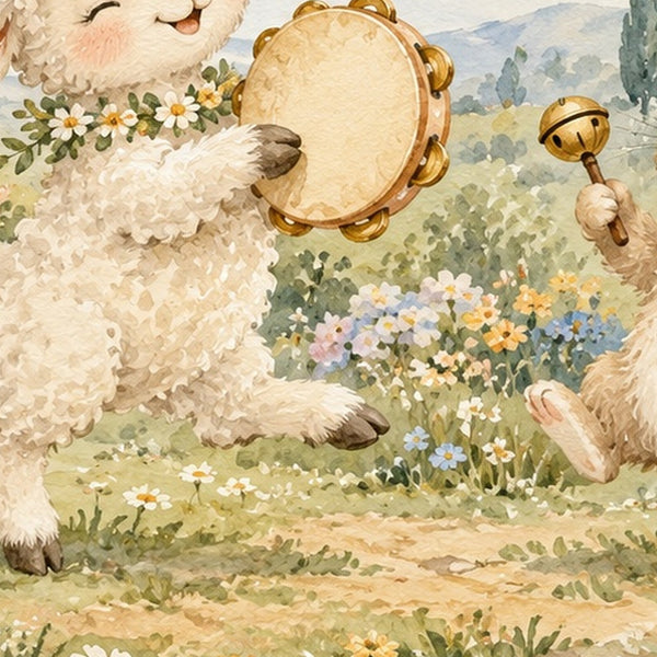 Lamb and Bunny Music shower curtain, close up of the watercolor artwork