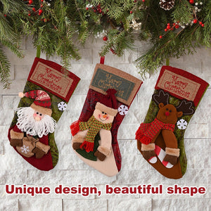 Christmas stocking featuring Santa and snowman decor, perfect for festive baby room decorations. Angle 3 view.