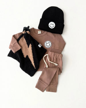 Lightning Bolt Plush Lovey in Mocha, soft and cuddly baby comfort item, perfect for snuggling and soothing.