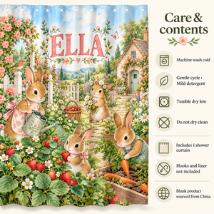 Care and contents of the Bunny Garden personalized kids shower curtain