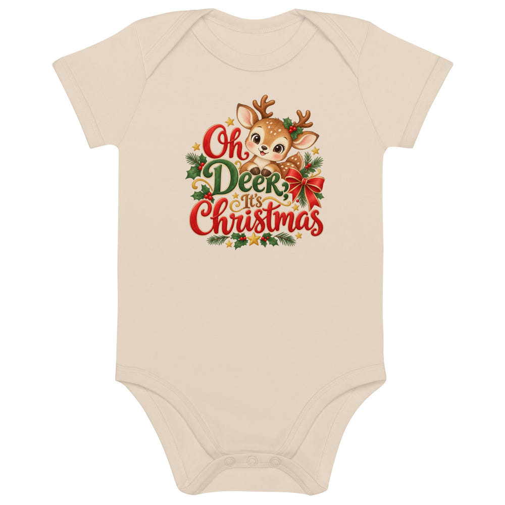 Oh Deer, It's Christmas organic cotton baby bodysuit in white, front view