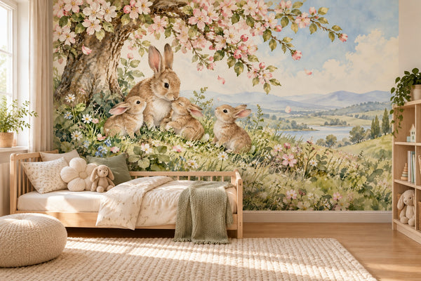 Watercolor Apple Blossom Family Bunny Wall Mural, image 2