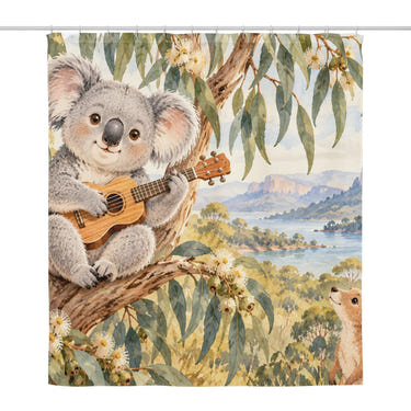 Koala Ukulele shower curtain, full front view of the 71 x 74 in fabric curtain