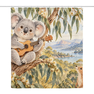 Koala Ukulele shower curtain, full front view of the 71 x 74 in fabric curtain