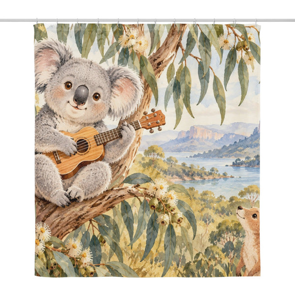 Koala Ukulele shower curtain, full front view of the 71 x 74 in fabric curtain