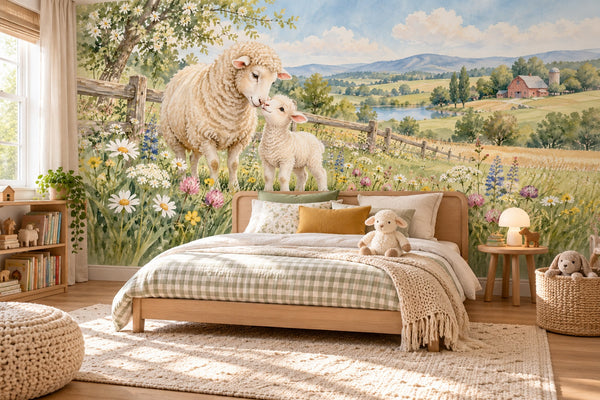 Watercolor Lamb Meadow Farm Wall Mural, image 2