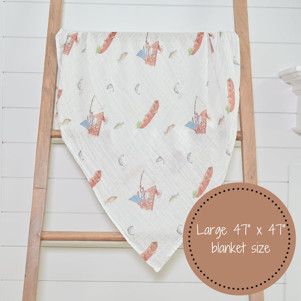 Go Fishing Adventure: 47" x 47" 100% Muslin Cotton Swaddle Blankets with Lake, Boat, Fishing Pole, and Fish Design