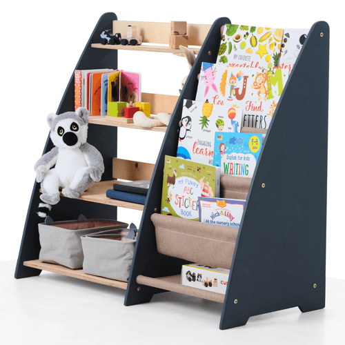 Montessori 2in1 shelf for books and toys, stylish storage solution for kids' rooms, angled view.