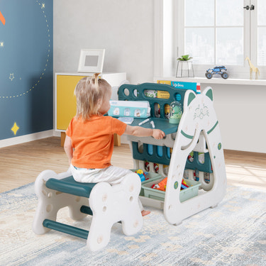 3-In-1 Double Sided Magnetic Dry-Erase Board with Stool and Flipped Writing Desktop