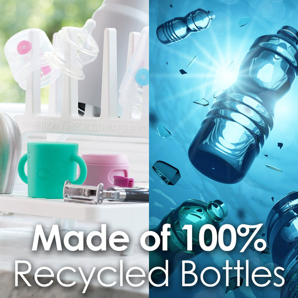 PopYum Glacier White Drying Rack from 100% Recycled Bottles with Silicone Drying Mat, countertop for Baby Bottles, Plastic Bags, Cups, Compact