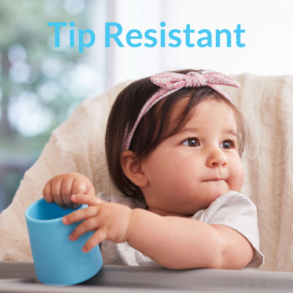 PopYum Silicone Training Cup 2-Pack in mint green and pastel pink, BPA free, perfect for baby self-feeding.