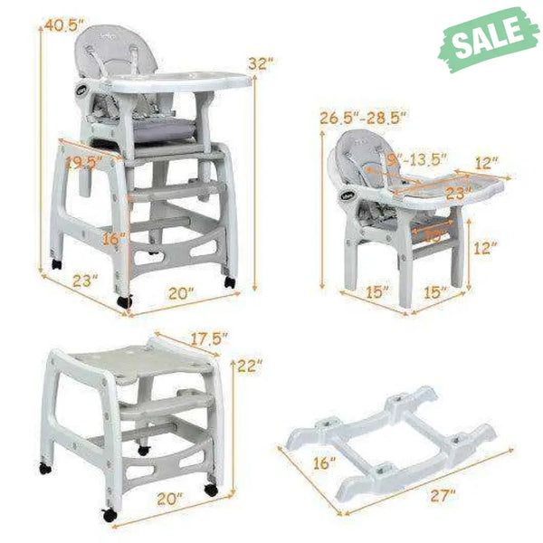 3-in-1 Baby High Chair with Lockable Universal Wheels-Gray Gray High Chairs