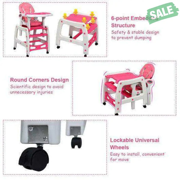 3-in-1 Baby High Chair with Lockable Universal Wheels-Gray Gray High Chairs