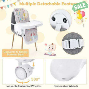 3-In-1 Convertible Highchair with Adjustable Height and 5-Point Safety Belt and Lockable Wheels-Beige Gray High Chairs