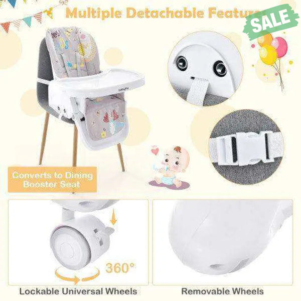 3-In-1 Convertible Highchair with Adjustable Height and 5-Point Safety Belt and Lockable Wheels-Beige Gray High Chairs