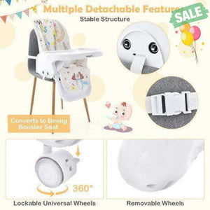 3-In-1 Convertible Highchair with Adjustable Height and 5-Point Safety Belt and Lockable Wheels-Beige Beige High Chairs