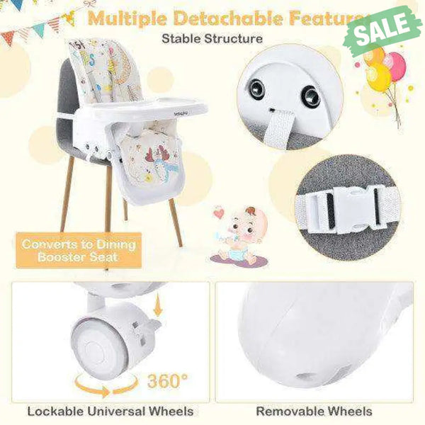 3-In-1 Convertible Highchair with Adjustable Height and 5-Point Safety Belt and Lockable Wheels-Beige Beige High Chairs