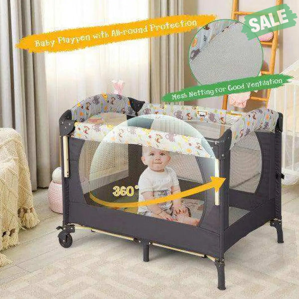 3-in-1 Convertible Portable Baby Playard with Music Box and Wheel and Brakes-Pink Baby Playpen & Playards