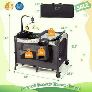 3-in-1 Convertible Portable Baby Playard with Music Box and Wheel and Brakes-Pink Baby Playpen & Playards