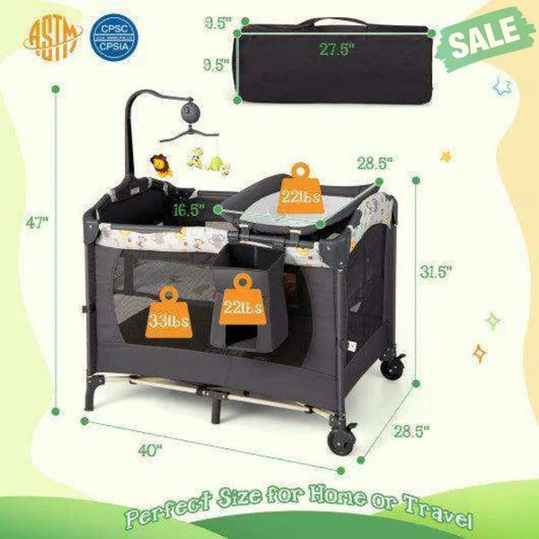 3-in-1 Convertible Portable Baby Playard with Music Box and Wheel and Brakes-Pink Baby Playpen & Playards