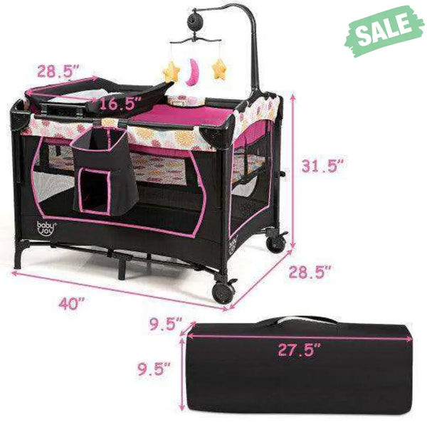 3-in-1 Convertible Portable Baby Playard with Music Box and Wheel and Brakes-Pink Baby Playpen & Playards