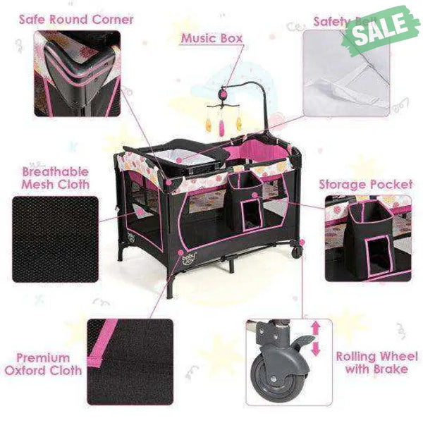 3-in-1 Convertible Portable Baby Playard with Music Box and Wheel and Brakes-Pink Baby Playpen & Playards