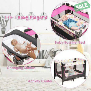 3-in-1 Convertible Portable Baby Playard with Music Box and Wheel and Brakes-Pink Pink Baby Playpen & Playards