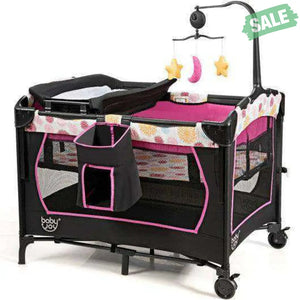 3-in-1 Convertible Portable Baby Playard with Music Box and Wheel and Brakes-Pink Baby Playpen & Playards