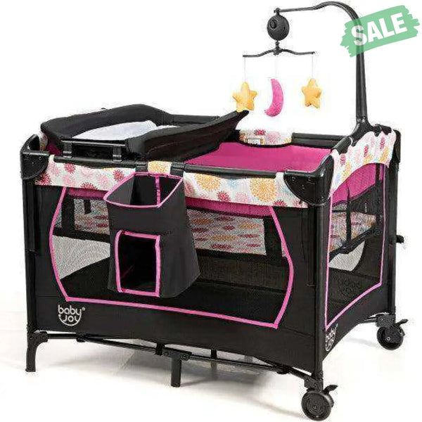 3-in-1 Convertible Portable Baby Playard with Music Box and Wheel and Brakes-Pink Baby Playpen & Playards