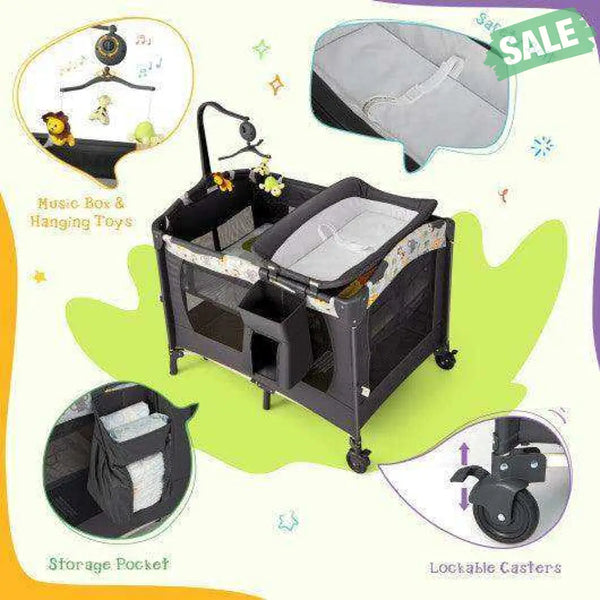 3-in-1 Convertible Portable Baby Playard with Music Box and Wheel and Brakes-Pink Baby Playpen & Playards