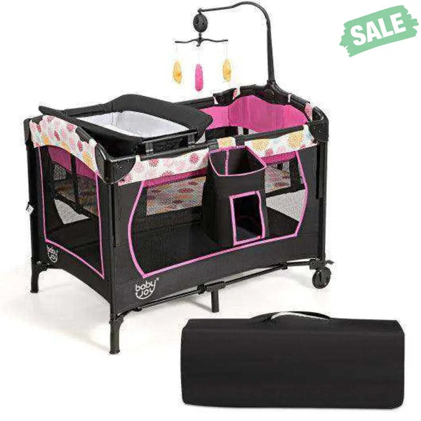3-in-1 Convertible Portable Baby Playard with Music Box and Wheel and Brakes-Pink Baby Playpen & Playards