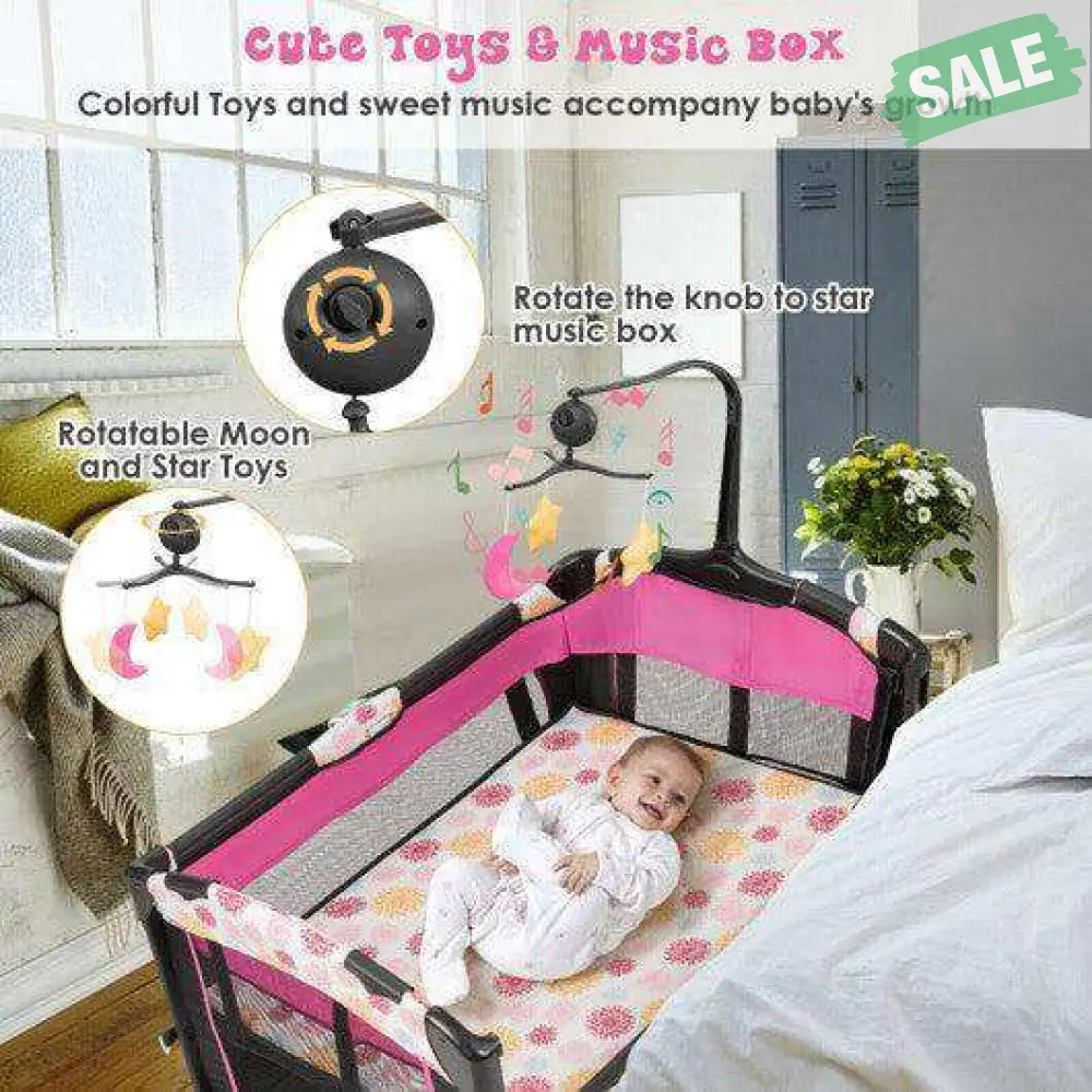 3-in-1 Convertible Portable Baby Playard with Music Box and Wheel and Brakes-Pink Baby Playpen & Playards