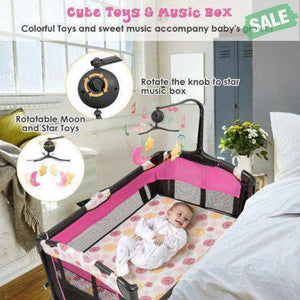 3-in-1 Convertible Portable Baby Playard with Music Box and Wheel and Brakes-Pink Baby Playpen & Playards