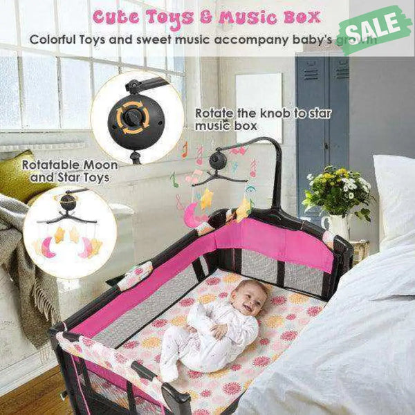 3-in-1 Convertible Portable Baby Playard with Music Box and Wheel and Brakes-Pink Baby Playpen & Playards