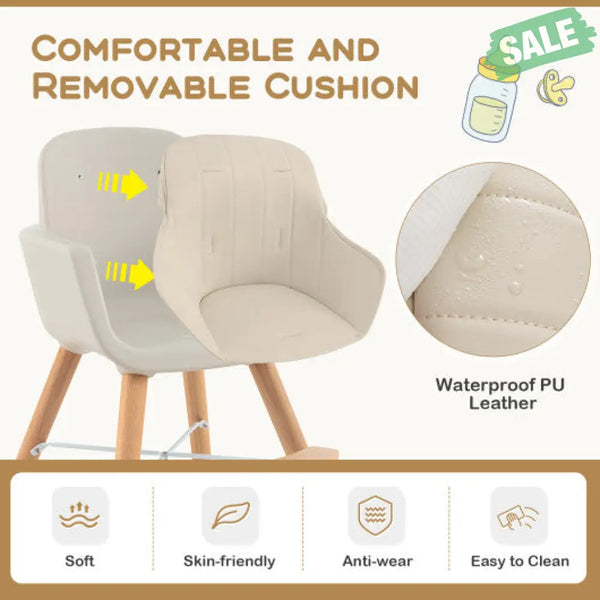 3-in-1 Convertible Wooden High Chair with Cushion-Gray Beige High Chairs