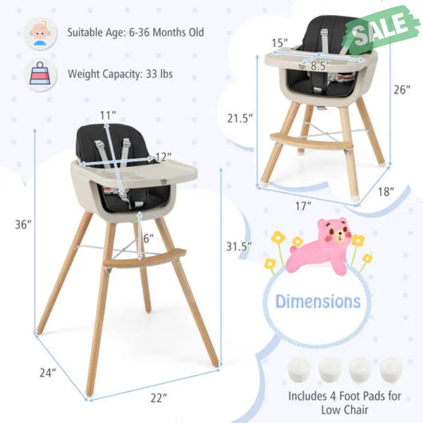 3-in-1 Convertible Wooden High Chair with Cushion-Gray High Chairs