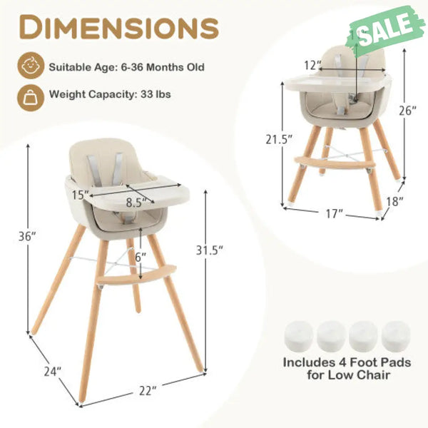3-in-1 Convertible Wooden High Chair with Cushion-Gray High Chairs