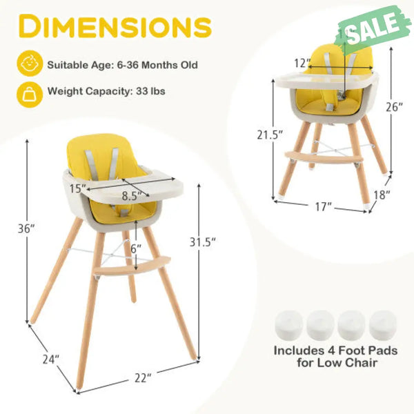 3-in-1 Convertible Wooden High Chair with Cushion-Gray High Chairs